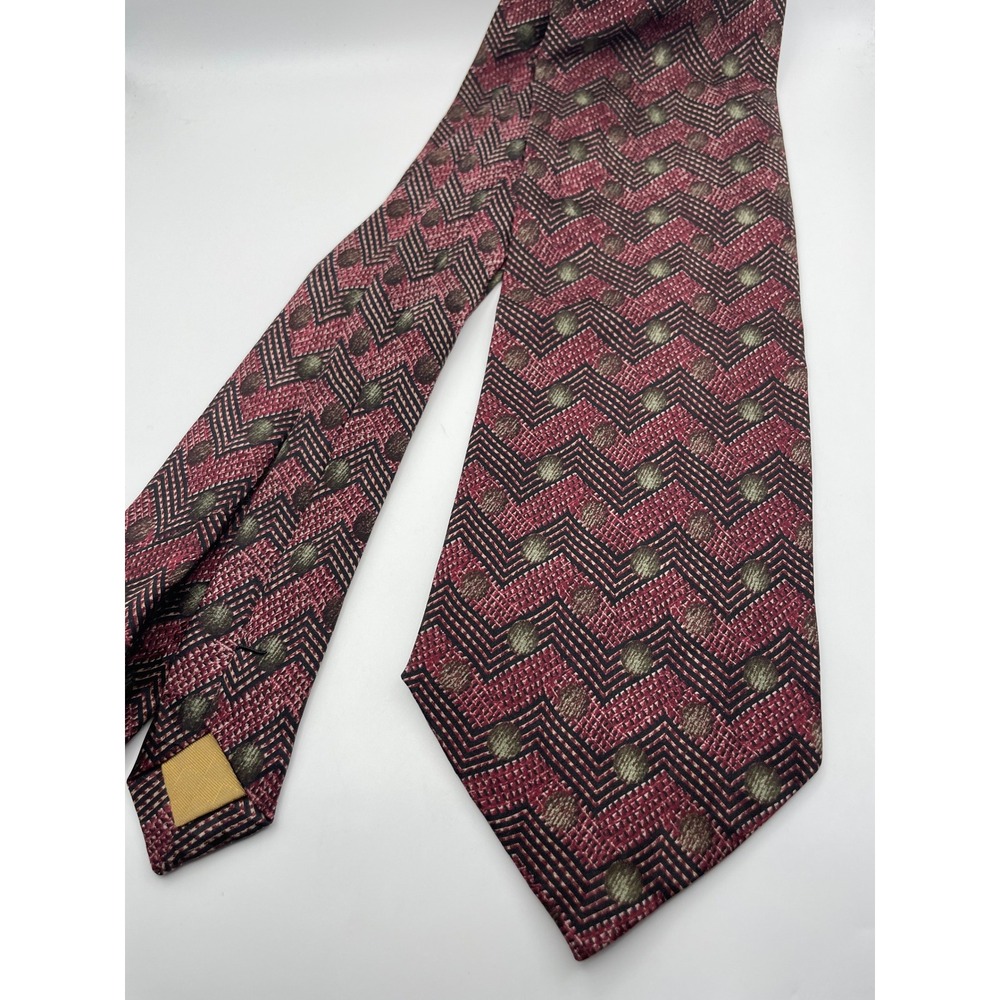 Ron Chereskin Mens Silk Tie Burgundy Olive Green Zigzag Polka Dot Geometric Wide
